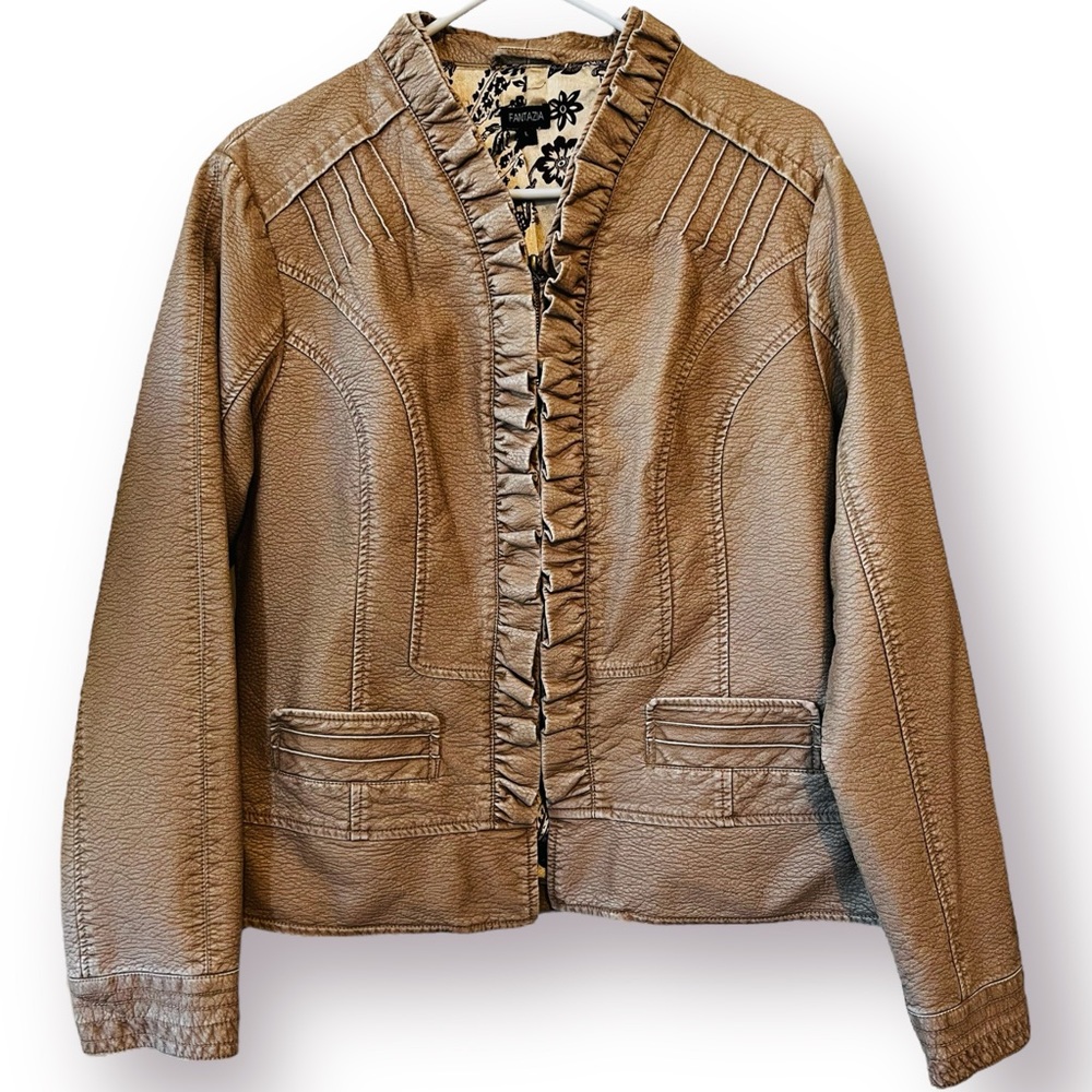 Fantazia Tan Vegan Leather Ruffle V-neck Full Zip Jacket Waist Length